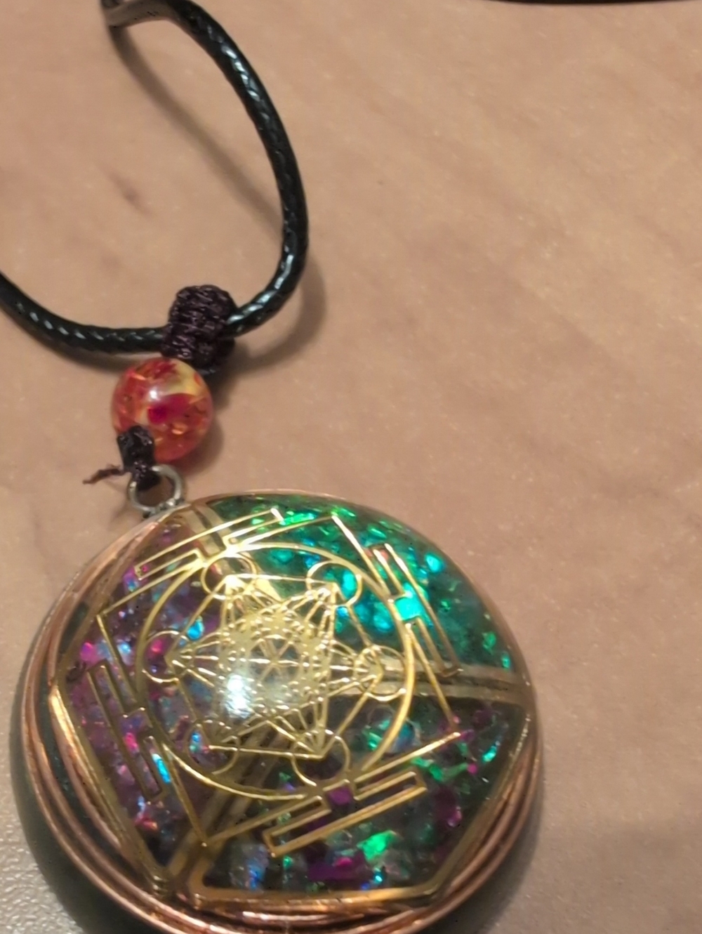 Handmade Iridescent Green & Purple Pendant Necklace - Gold Geometric Accent